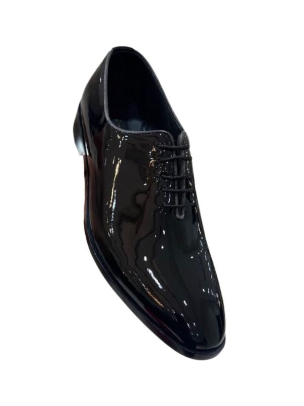 glossy black derby shoes