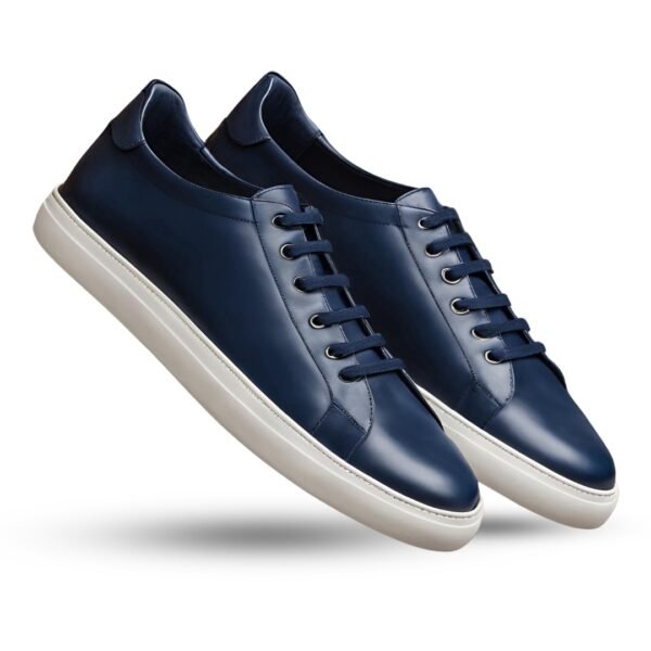 Navy Blue Leather sneakers, shanzos attire