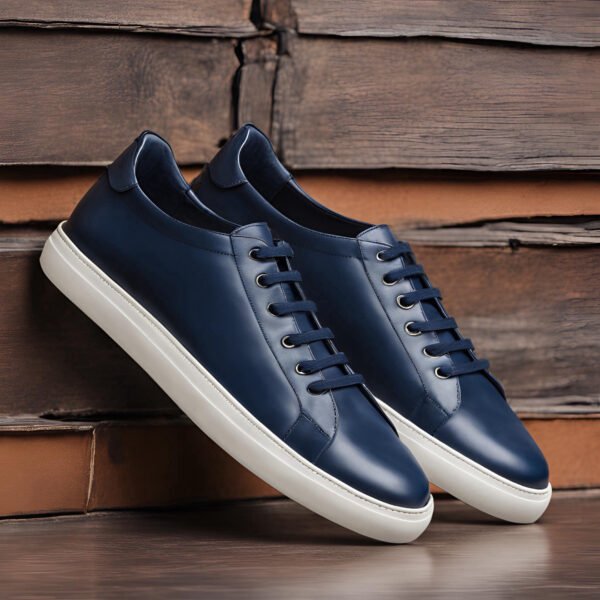 shanzos attire, navy blue leather sneakers