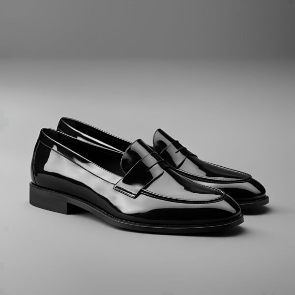 Shanzos attire, shiny penny black loafers