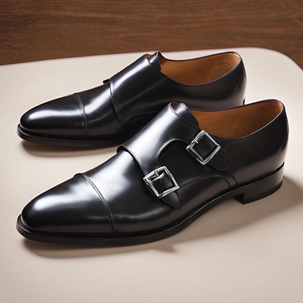 black leather double monk strap shoes for men