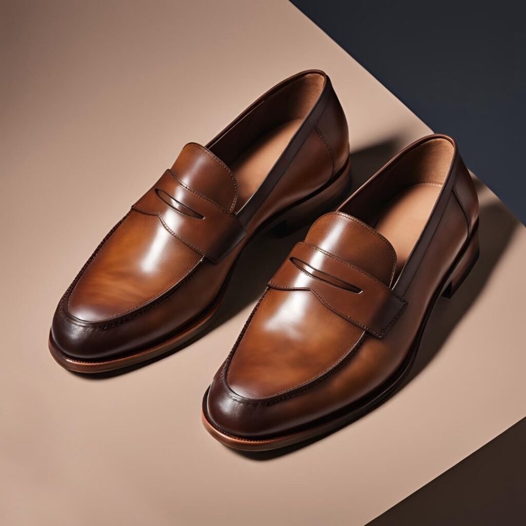 Men's brown leather penny loafers formal shoes