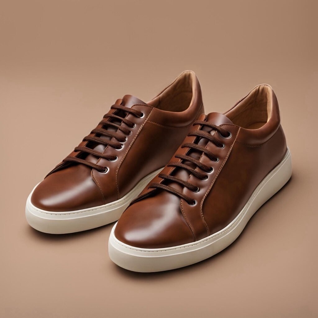 men's brown leather sneakers, shanzos attire